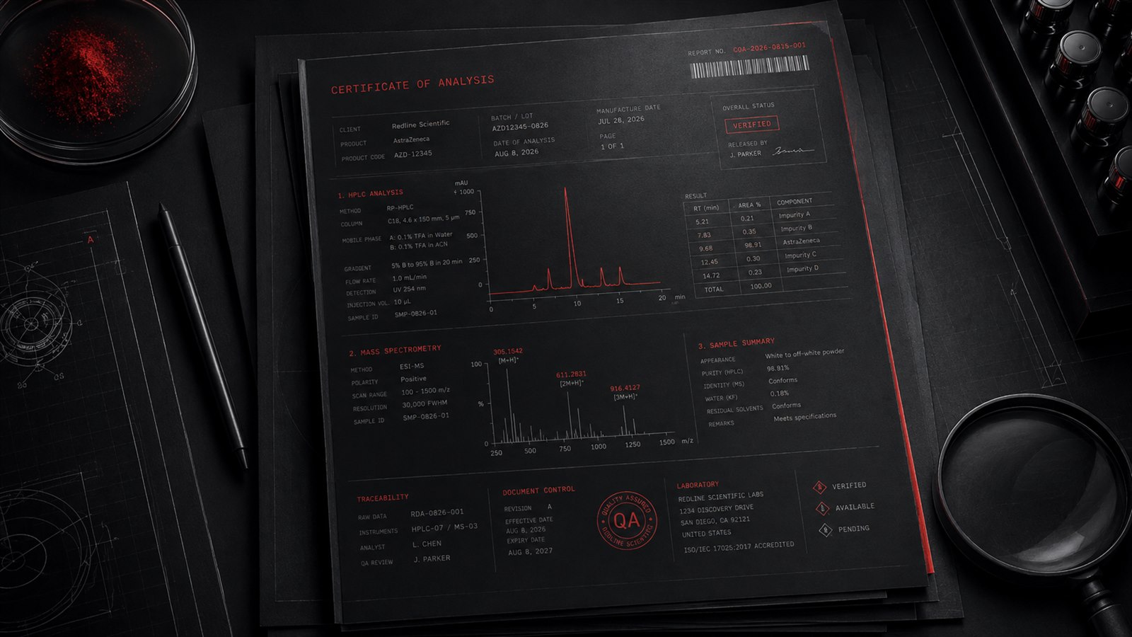 Certificate of Analysis report with analytical testing results